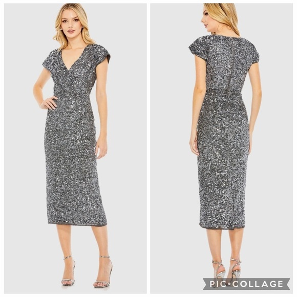 Mac Duggal Dresses & Skirts - Mac Duggal Sequined Cap Sleeve Wrap Over Sheath Pencil Cocktail Dress Size 16